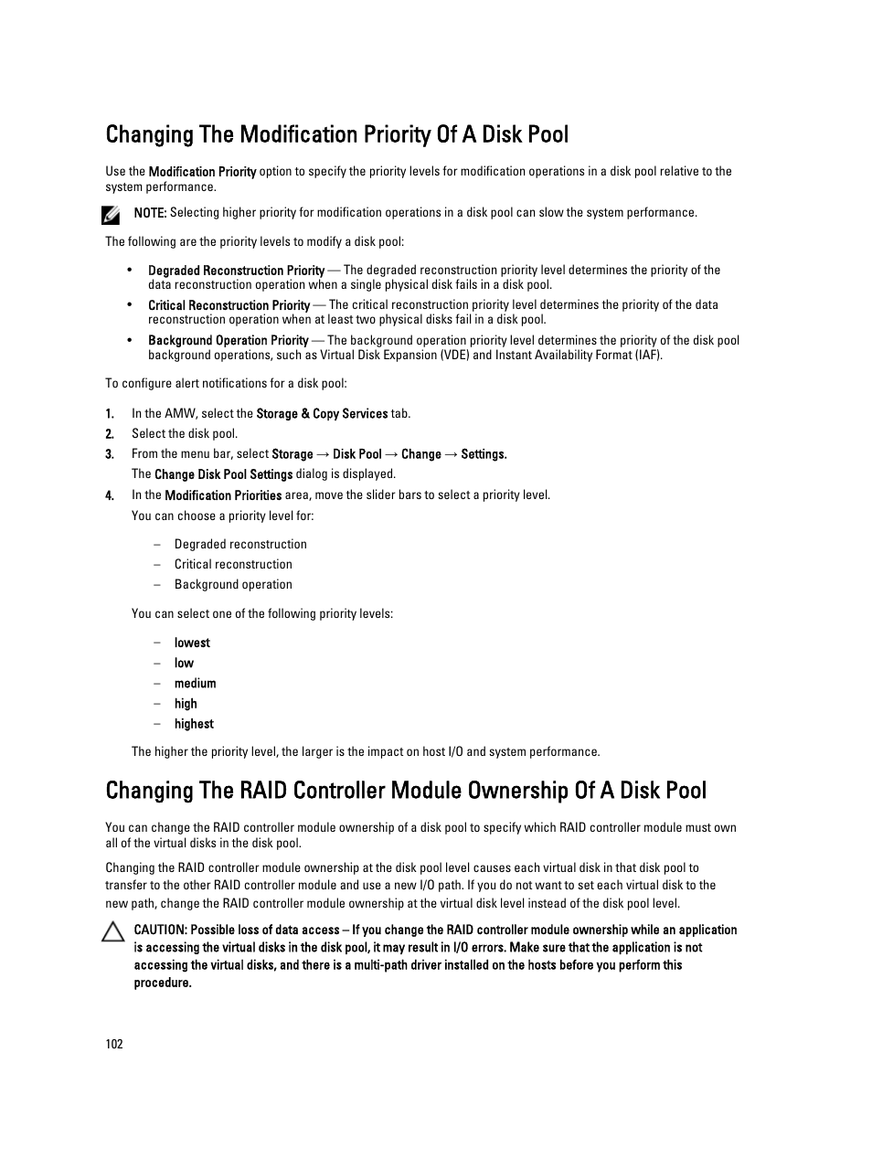 Changing the modification priority of a disk pool | Dell POWERVAULT MD3600I User Manual | Page 102 / 237