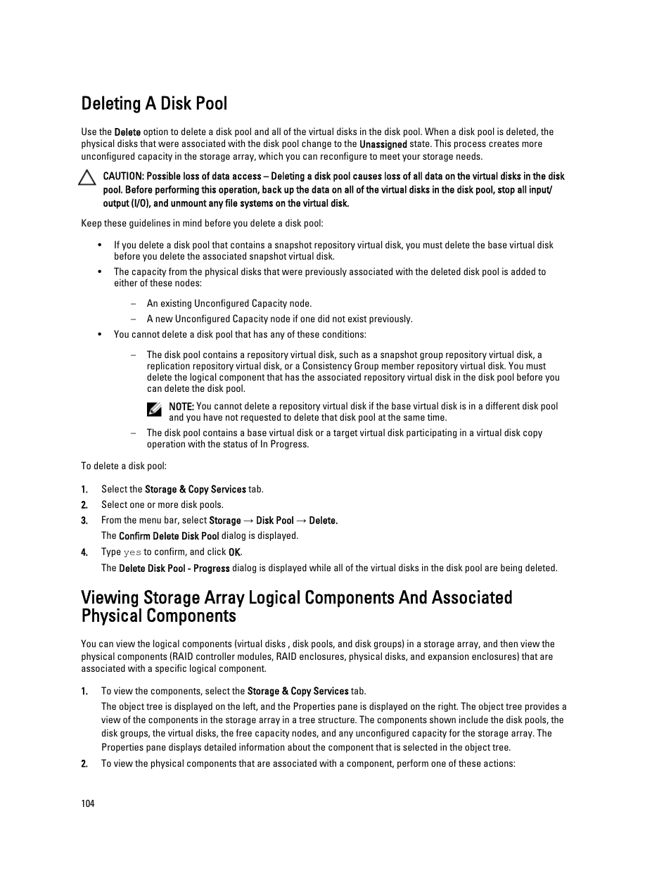 Deleting a disk pool | Dell POWERVAULT MD3600I User Manual | Page 104 / 237