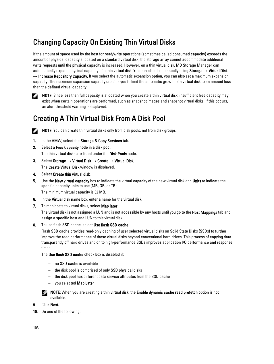 Changing capacity on existing thin virtual disks, Creating a thin virtual disk from a disk pool | Dell POWERVAULT MD3600I User Manual | Page 106 / 237