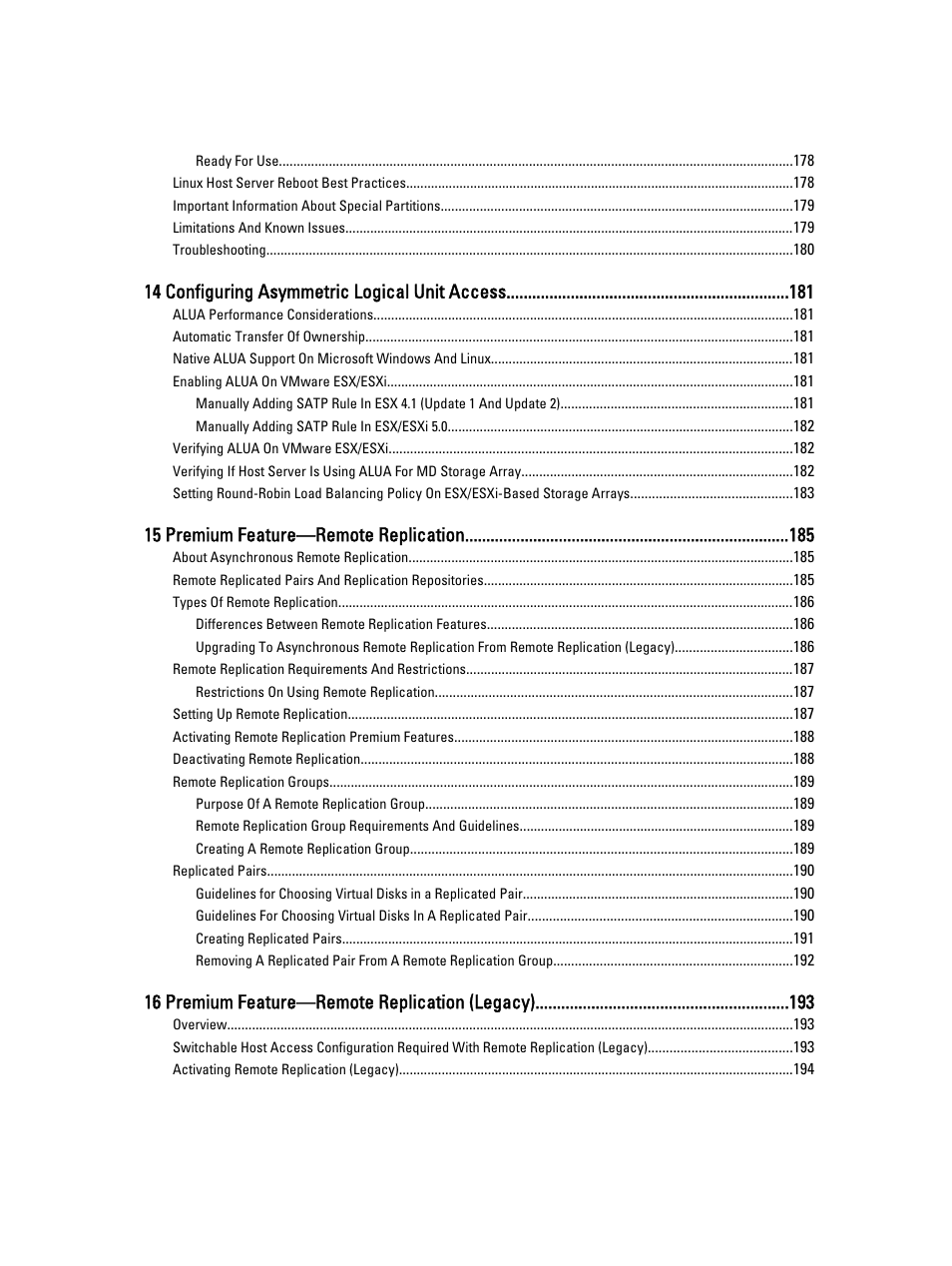 14 configuring asymmetric logical unit access, 15 premium feature—remote replication, 16 premium feature—remote replication (legacy) | Dell POWERVAULT MD3600I User Manual | Page 11 / 237