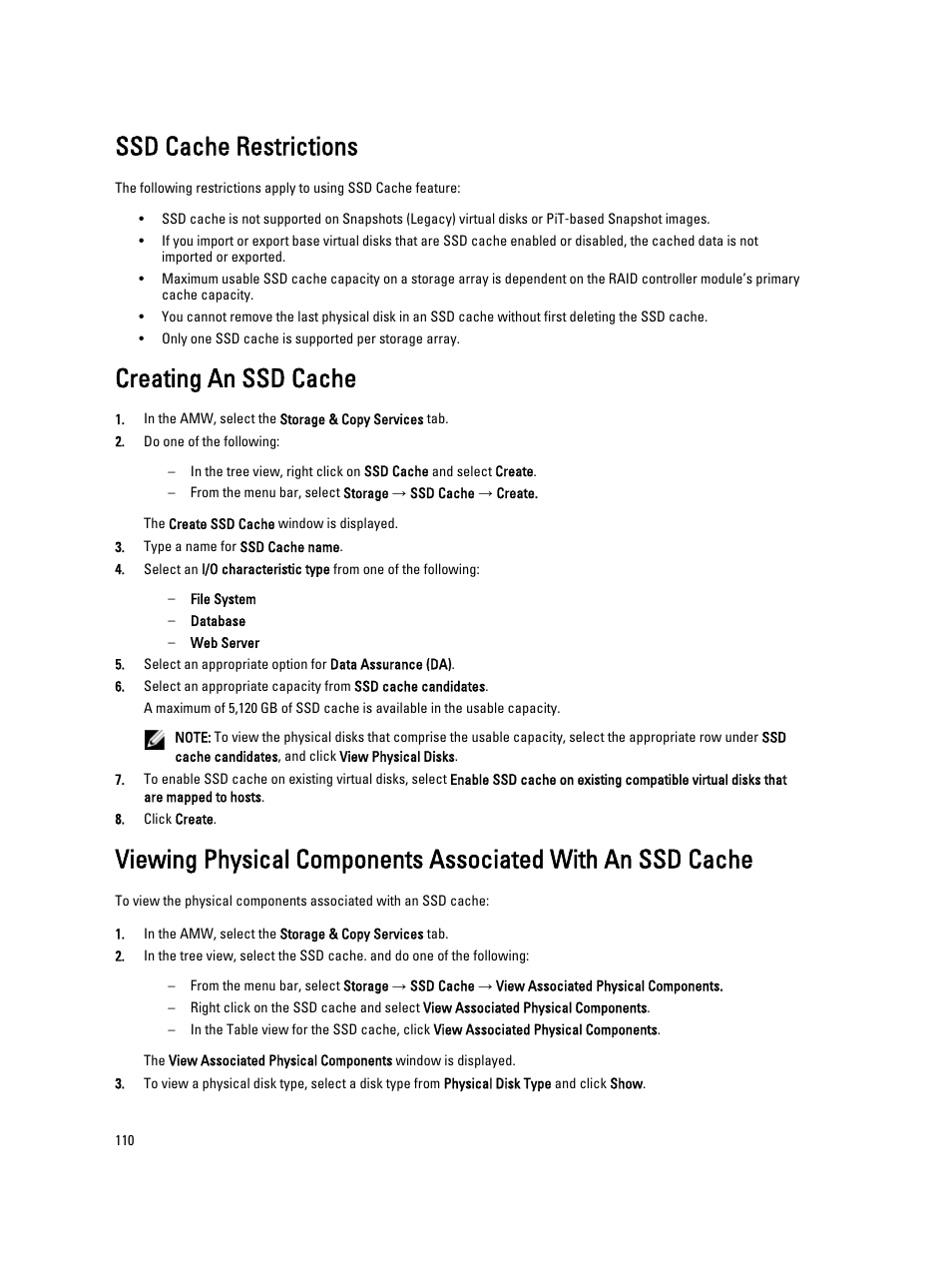 Ssd cache restrictions, Creating an ssd cache | Dell POWERVAULT MD3600I User Manual | Page 110 / 237