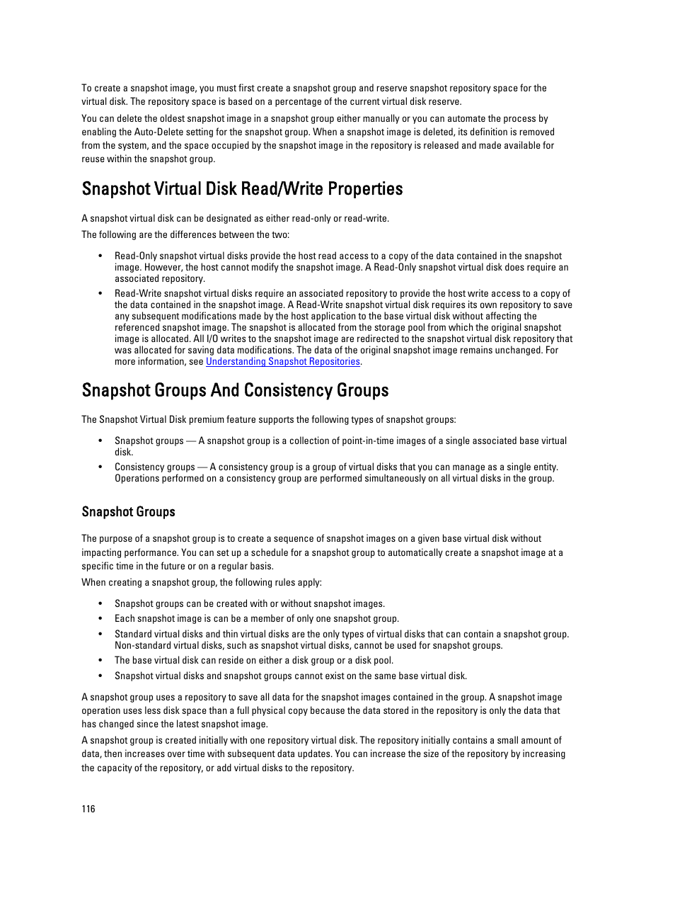 Snapshot virtual disk read/write properties, Snapshot groups and consistency groups, Snapshot groups | Dell POWERVAULT MD3600I User Manual | Page 116 / 237