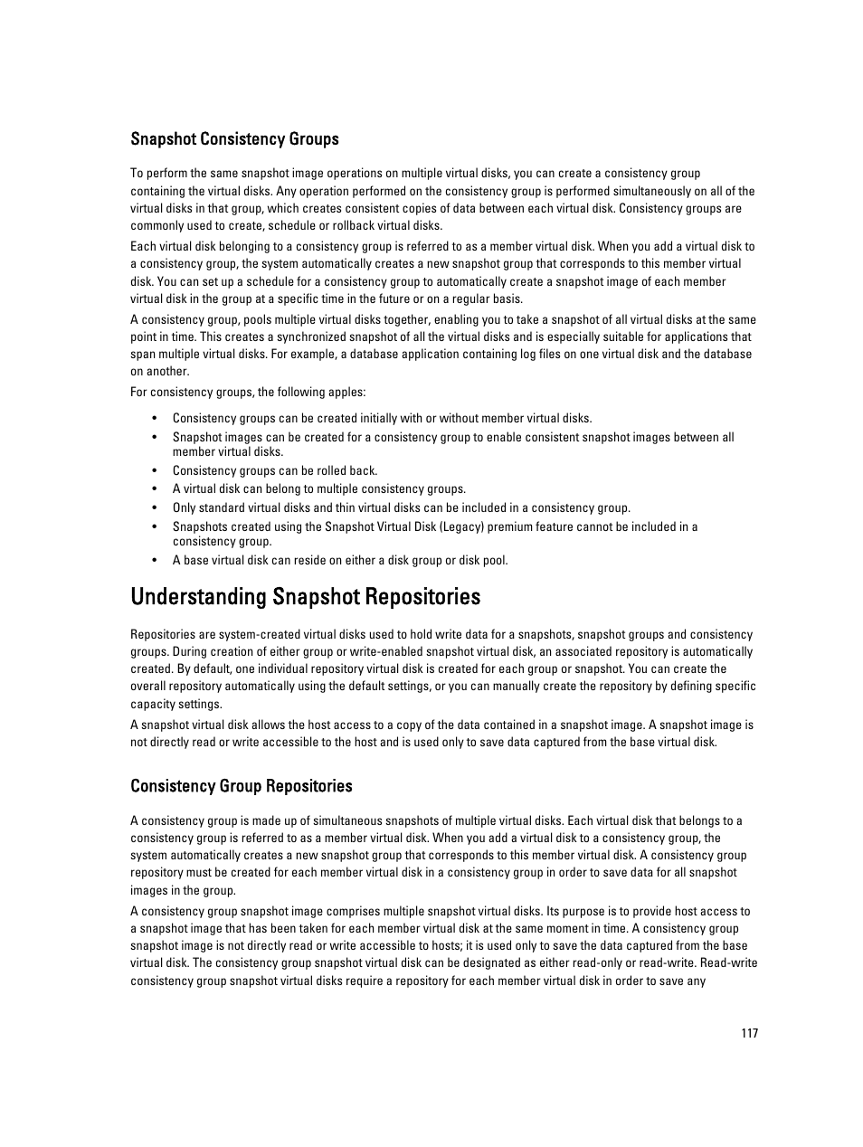 Snapshot consistency groups, Understanding snapshot repositories, Consistency group repositories | Dell POWERVAULT MD3600I User Manual | Page 117 / 237