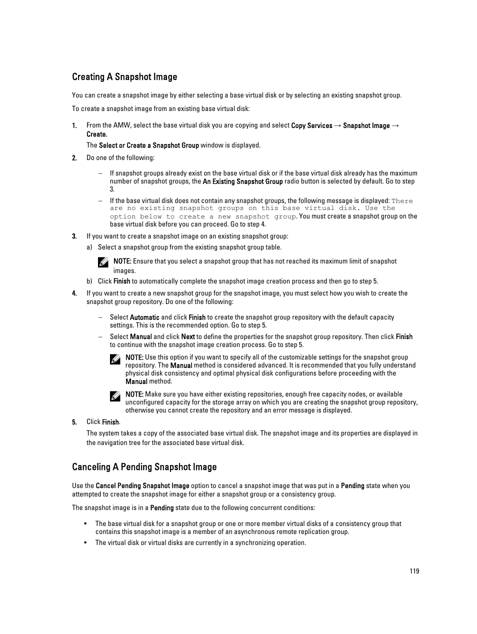 Creating a snapshot image, Canceling a pending snapshot image | Dell POWERVAULT MD3600I User Manual | Page 119 / 237