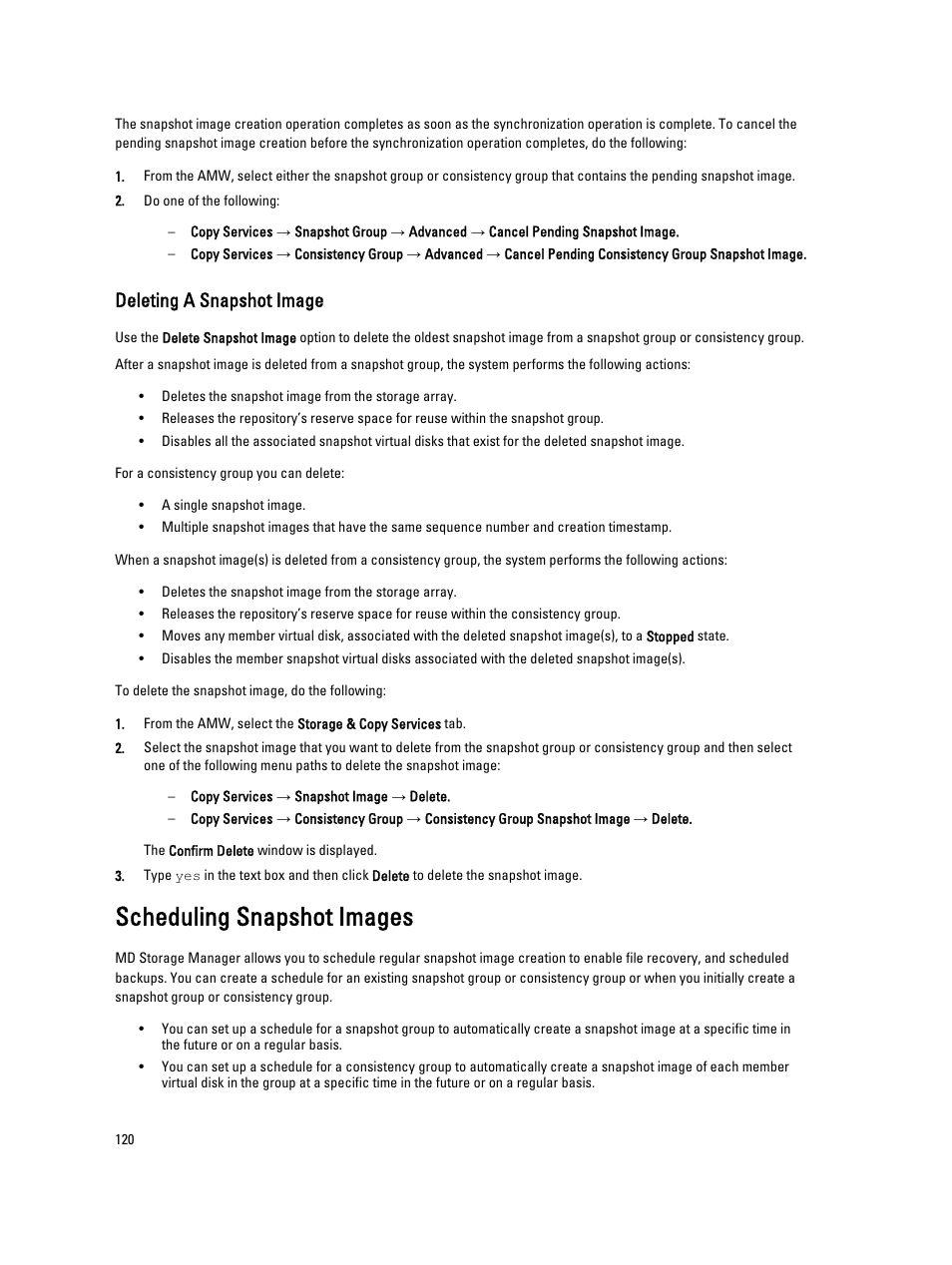 Deleting a snapshot image, Scheduling snapshot images | Dell POWERVAULT MD3600I User Manual | Page 120 / 237