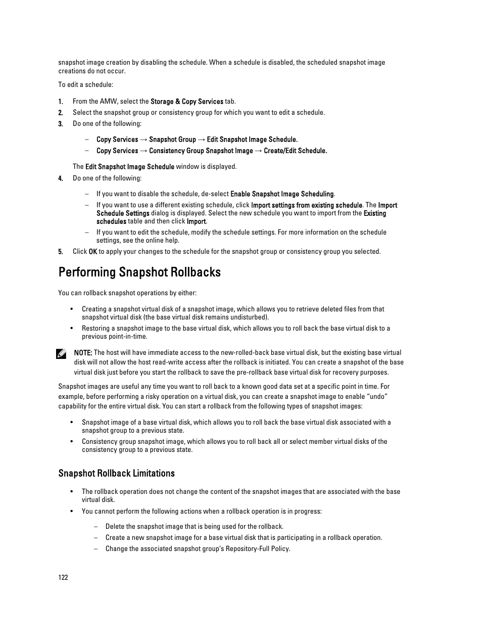 Performing snapshot rollbacks, Snapshot rollback limitations | Dell POWERVAULT MD3600I User Manual | Page 122 / 237
