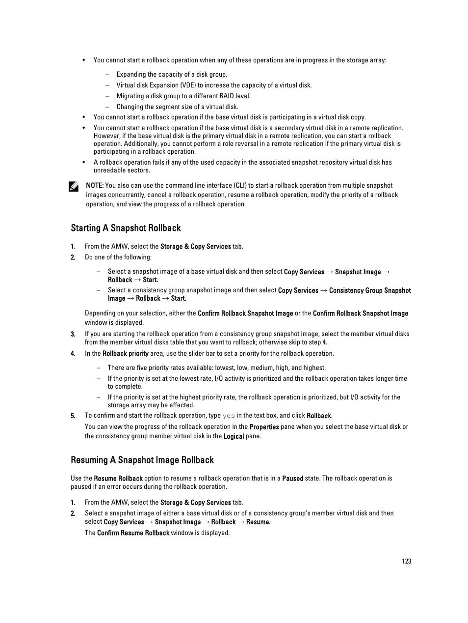 Starting a snapshot rollback, Resuming a snapshot image rollback | Dell POWERVAULT MD3600I User Manual | Page 123 / 237