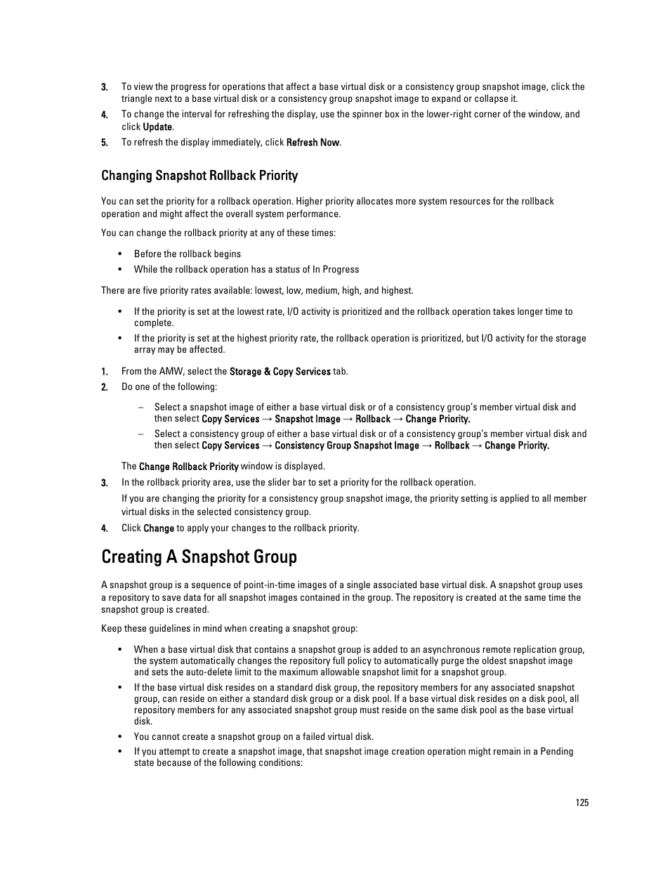 Changing snapshot rollback priority, Creating a snapshot group | Dell POWERVAULT MD3600I User Manual | Page 125 / 237
