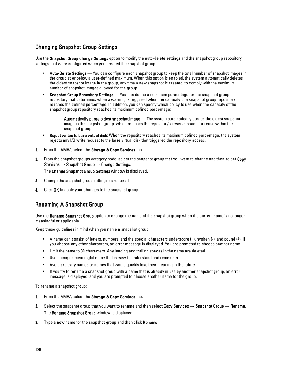 Changing snapshot group settings, Renaming a snapshot group | Dell POWERVAULT MD3600I User Manual | Page 128 / 237