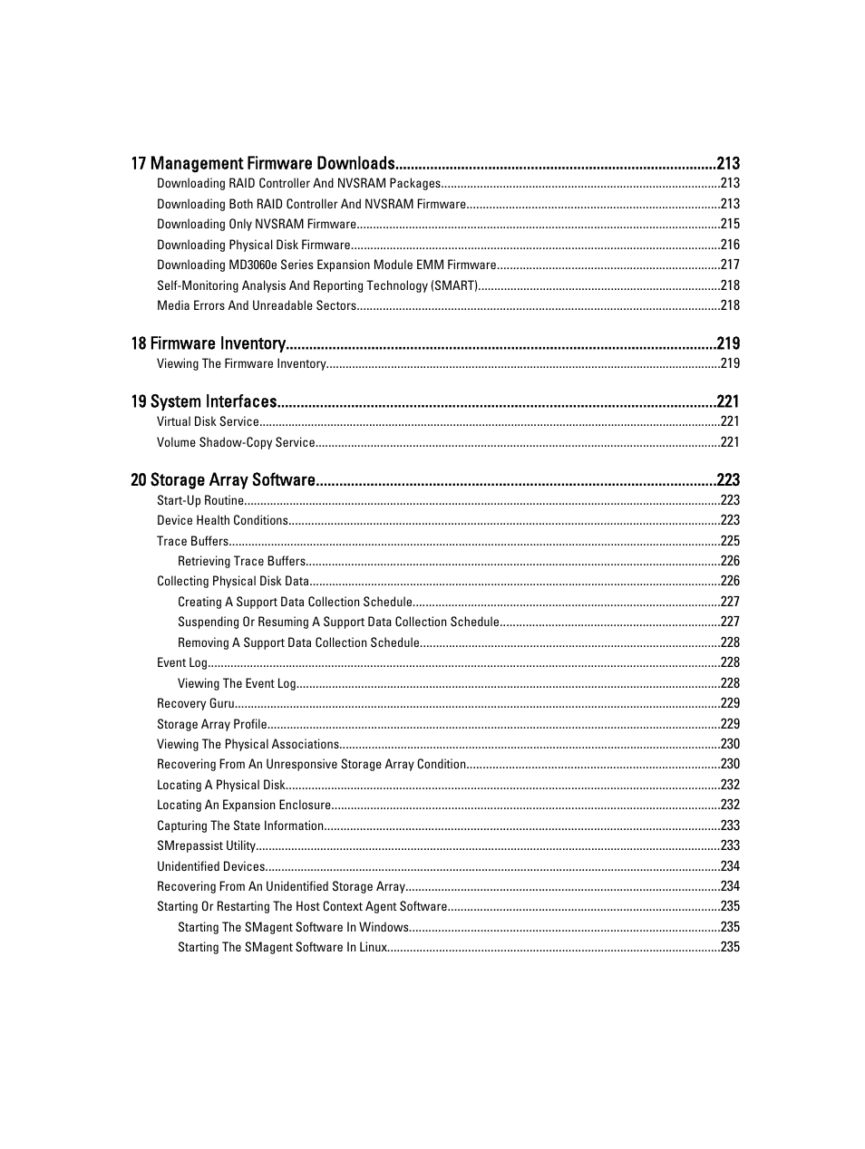 17 management firmware downloads, 18 firmware inventory, 19 system interfaces | 20 storage array software | Dell POWERVAULT MD3600I User Manual | Page 13 / 237