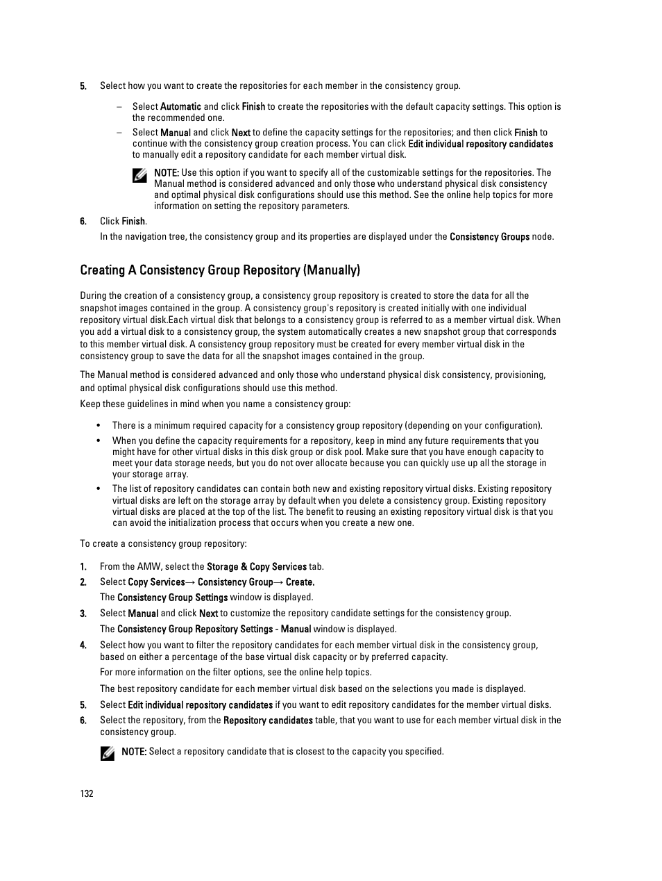 Creating a consistency group repository (manually) | Dell POWERVAULT MD3600I User Manual | Page 132 / 237