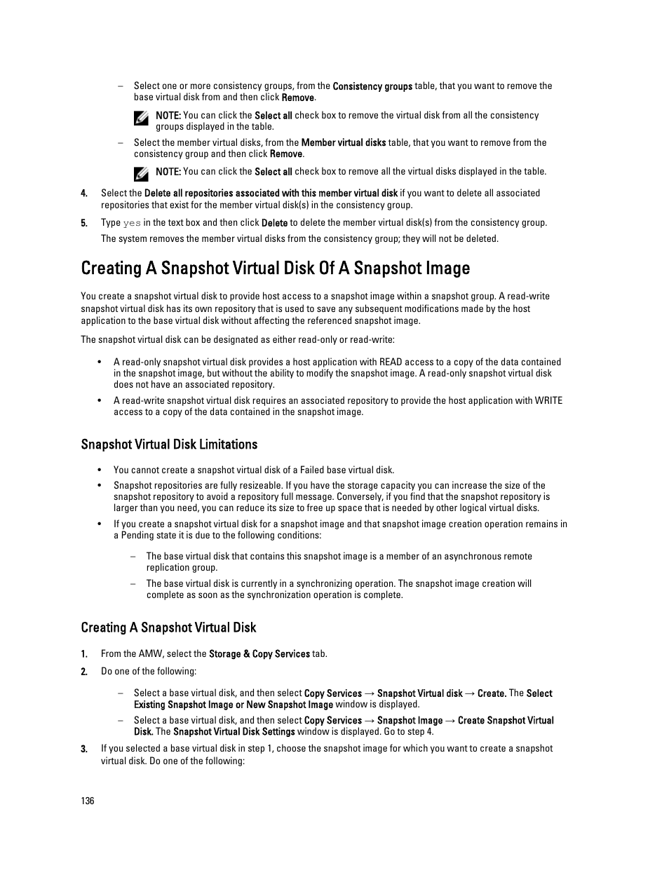 Snapshot virtual disk limitations, Creating a snapshot virtual disk | Dell POWERVAULT MD3600I User Manual | Page 136 / 237