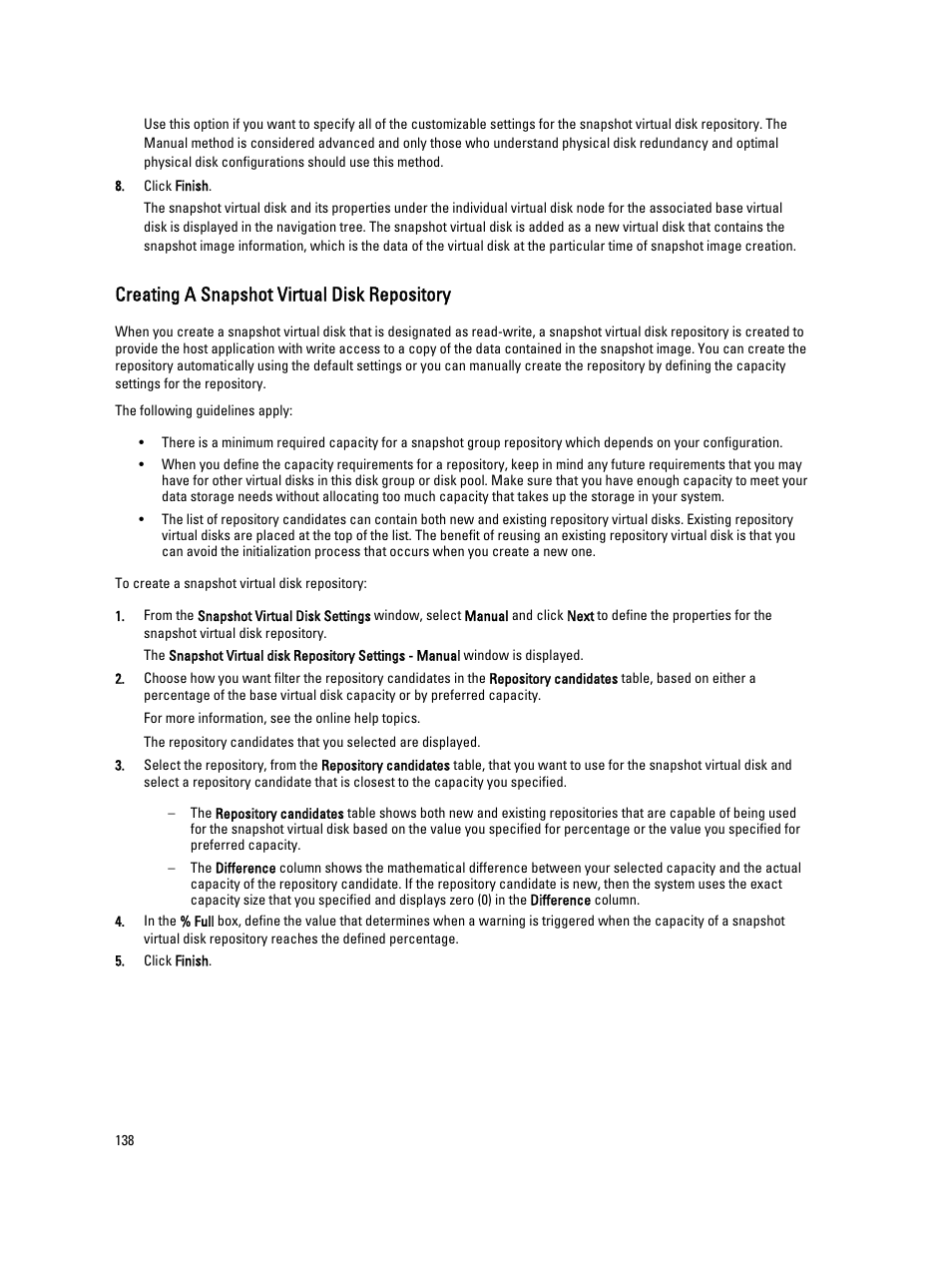 Creating a snapshot virtual disk repository | Dell POWERVAULT MD3600I User Manual | Page 138 / 237