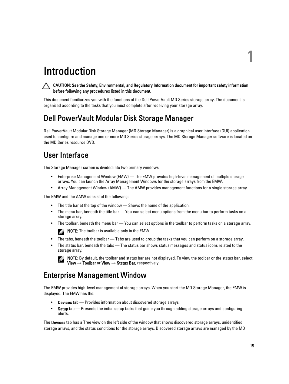 Introduction, Dell powervault modular disk storage manager, User interface | Enterprise management window, 1 introduction | Dell POWERVAULT MD3600I User Manual | Page 15 / 237