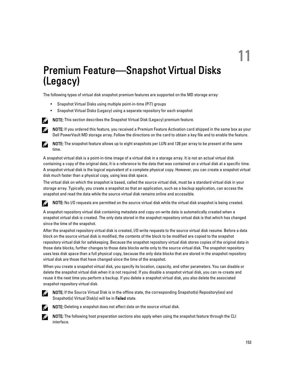 Premium feature—snapshot virtual disks (legacy), 11 premium feature—snapshot virtual disks (legacy), Premium feature—snapshot virtual disks | Legacy) | Dell POWERVAULT MD3600I User Manual | Page 153 / 237