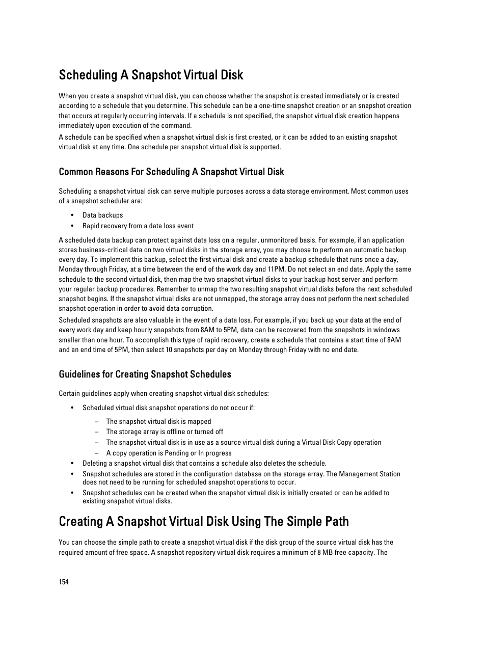 Scheduling a snapshot virtual disk, Guidelines for creating snapshot schedules | Dell POWERVAULT MD3600I User Manual | Page 154 / 237