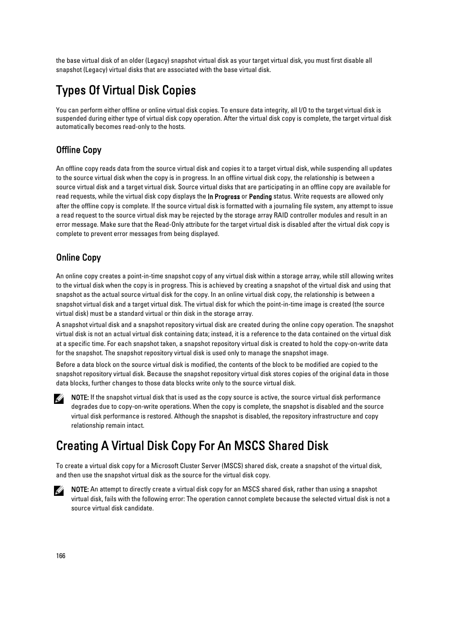 Types of virtual disk copies, Offline copy, Online copy | Dell POWERVAULT MD3600I User Manual | Page 166 / 237