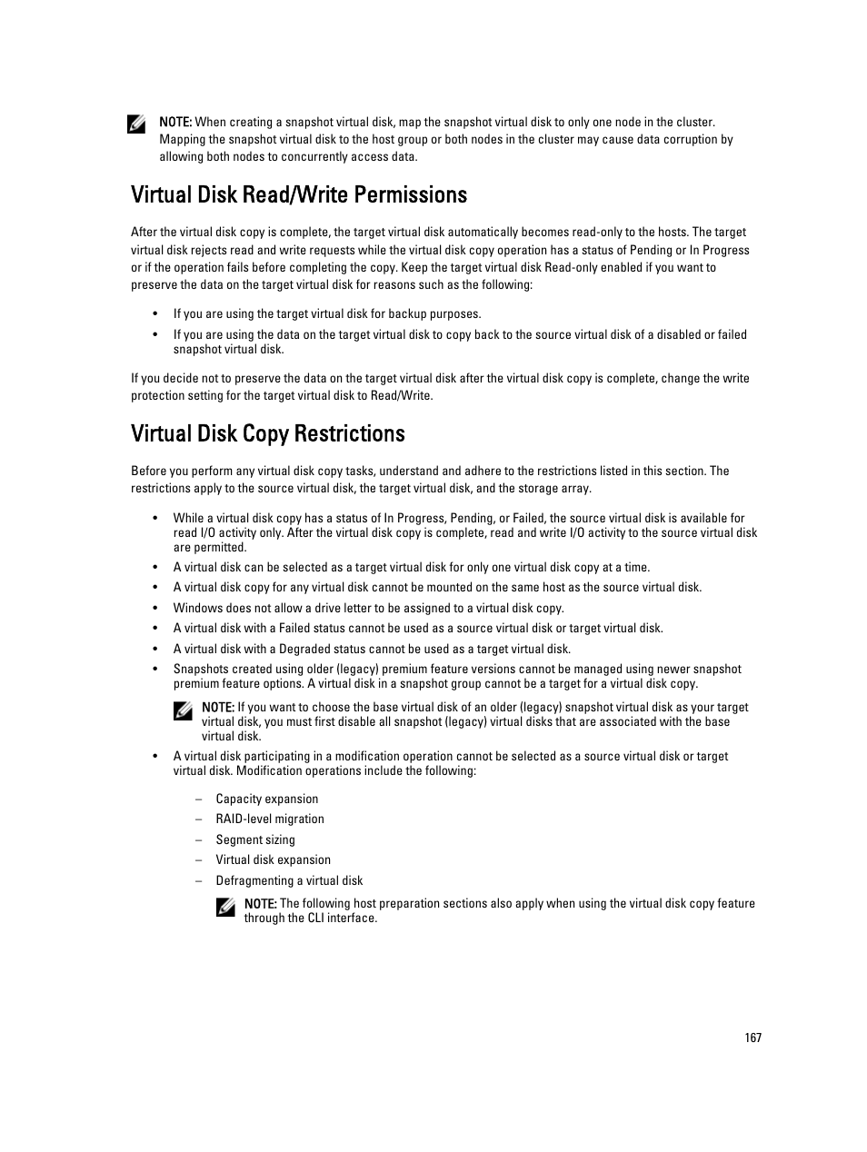 Virtual disk read/write permissions, Virtual disk copy restrictions | Dell POWERVAULT MD3600I User Manual | Page 167 / 237