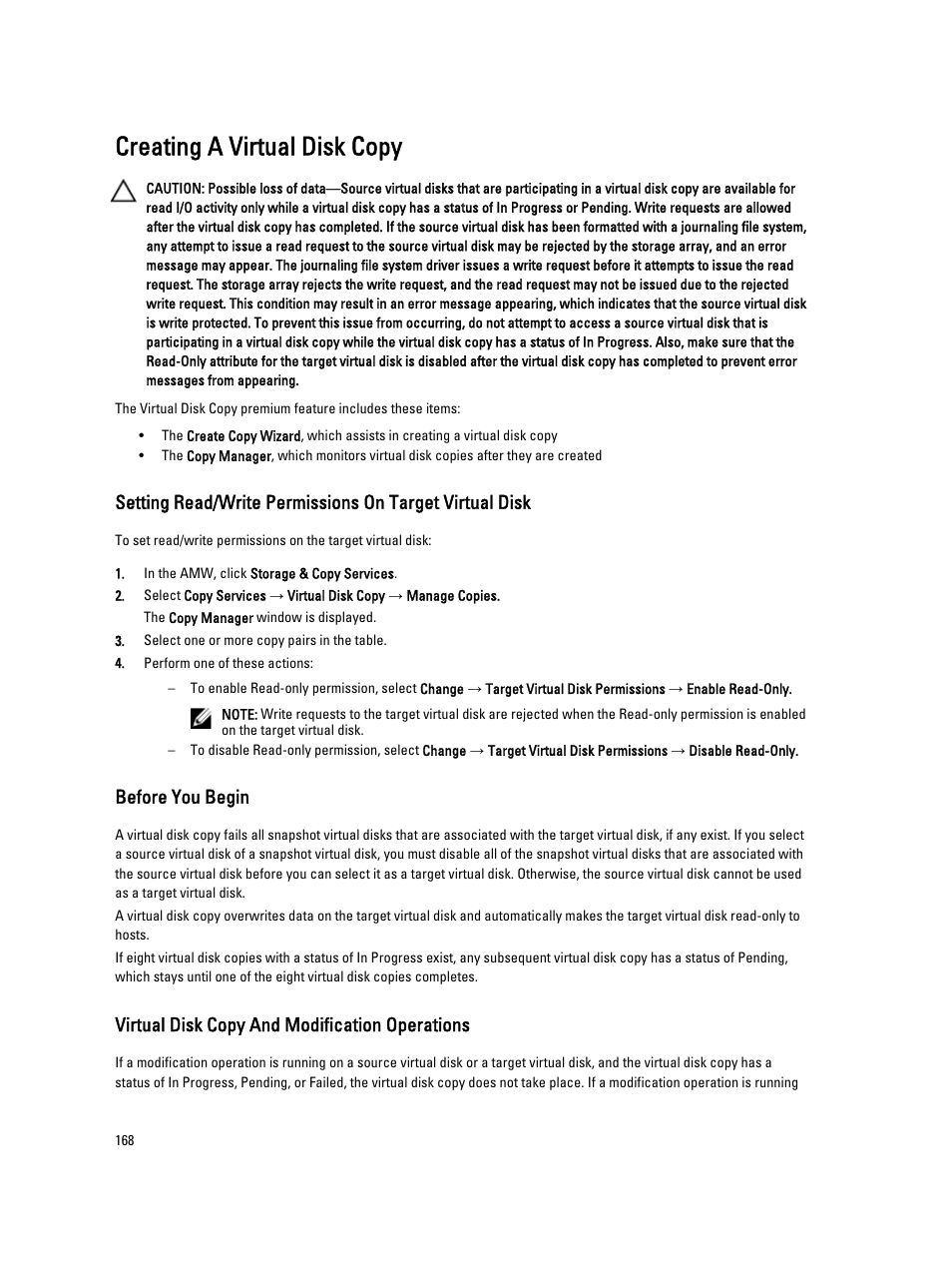 Creating a virtual disk copy, Before you begin, Virtual disk copy and modification operations | Dell POWERVAULT MD3600I User Manual | Page 168 / 237