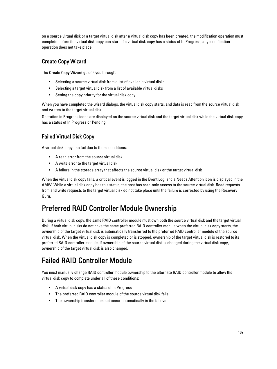 Create copy wizard, Failed virtual disk copy, Preferred raid controller module ownership | Failed raid controller module | Dell POWERVAULT MD3600I User Manual | Page 169 / 237