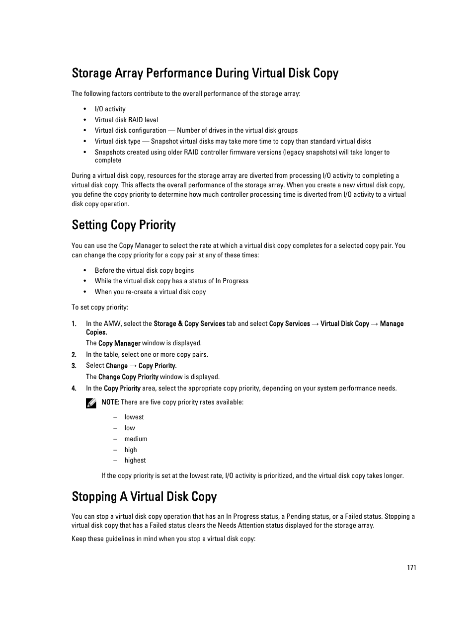 Storage array performance during virtual disk copy, Setting copy priority, Stopping a virtual disk copy | Dell POWERVAULT MD3600I User Manual | Page 171 / 237