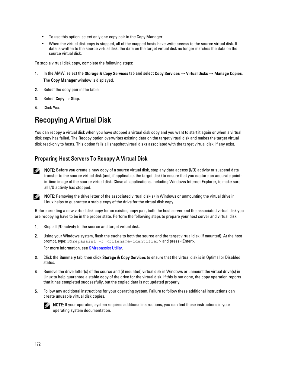 Recopying a virtual disk, Preparing host servers to recopy a virtual disk | Dell POWERVAULT MD3600I User Manual | Page 172 / 237