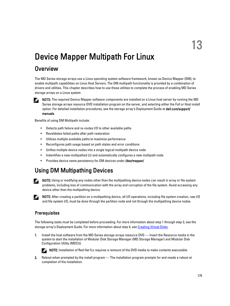 Device mapper multipath for linux, Overview, Using dm multipathing devices | Prerequisites, 13 device mapper multipath for linux, For more information on linux dm, see, For more information on mpio, see | Dell POWERVAULT MD3600I User Manual | Page 175 / 237