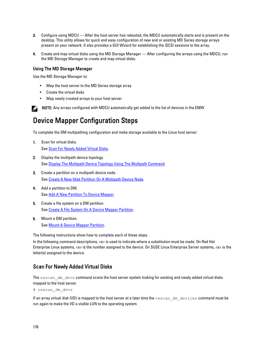 Device mapper configuration steps, Scan for newly added virtual disks | Dell POWERVAULT MD3600I User Manual | Page 176 / 237