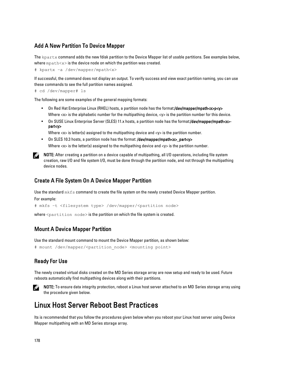 Add a new partition to device mapper, Create a file system on a device mapper partition, Mount a device mapper partition | Ready for use, Linux host server reboot best practices | Dell POWERVAULT MD3600I User Manual | Page 178 / 237