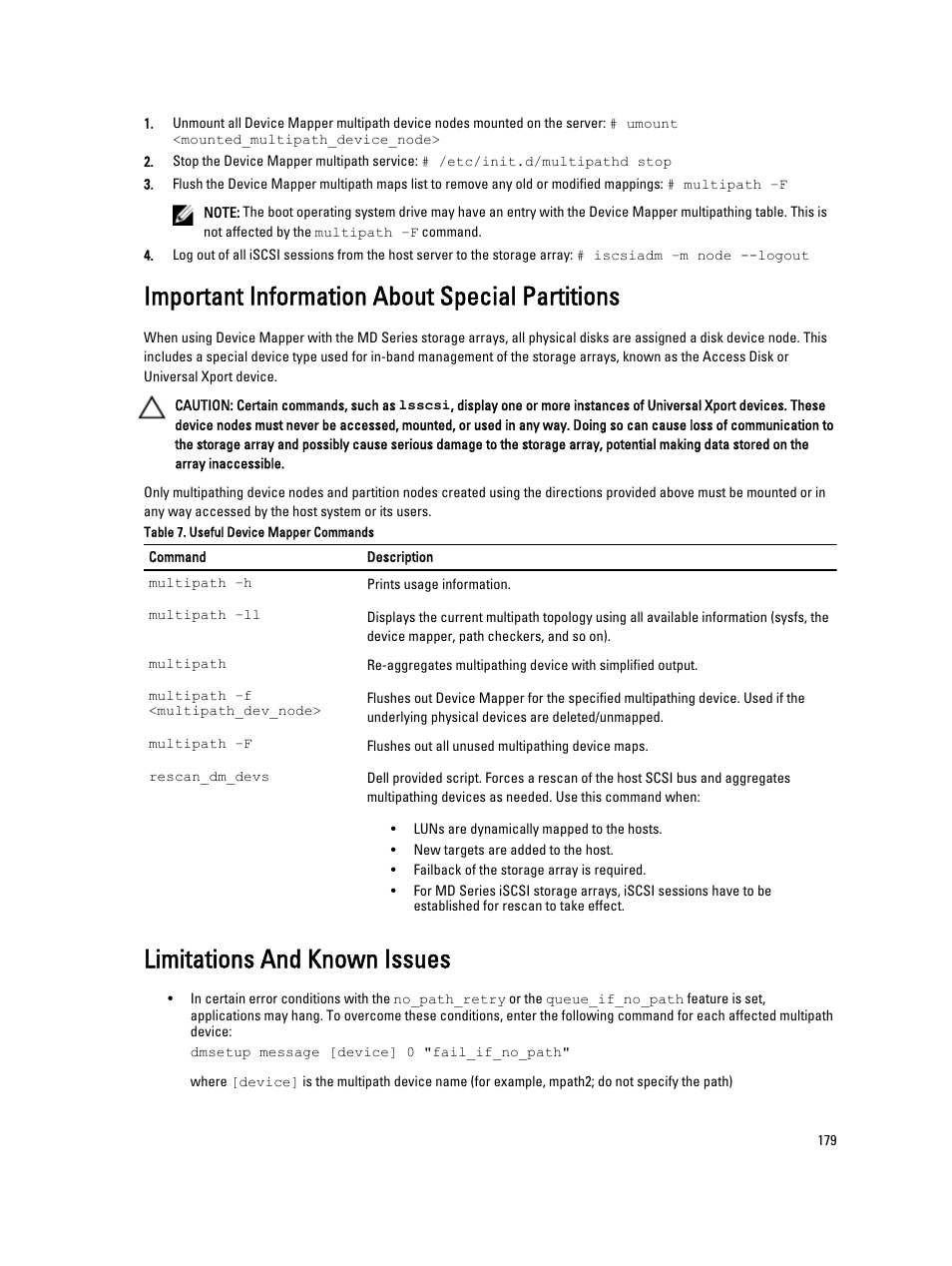 Important information about special partitions, Limitations and known issues | Dell POWERVAULT MD3600I User Manual | Page 179 / 237