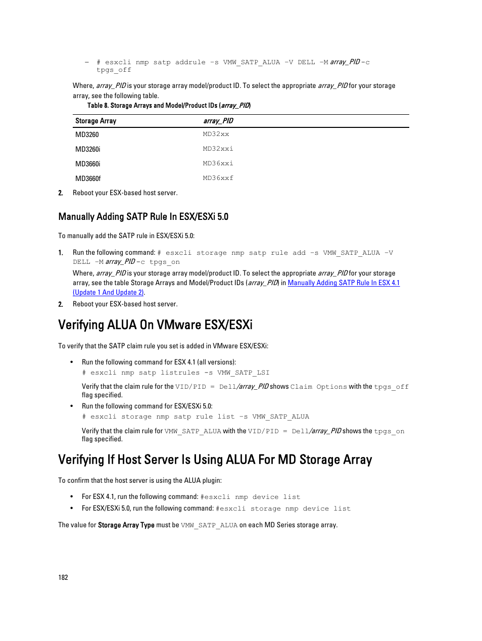 Manually adding satp rule in esx/esxi 5.0, Verifying alua on vmware esx/esxi | Dell POWERVAULT MD3600I User Manual | Page 182 / 237