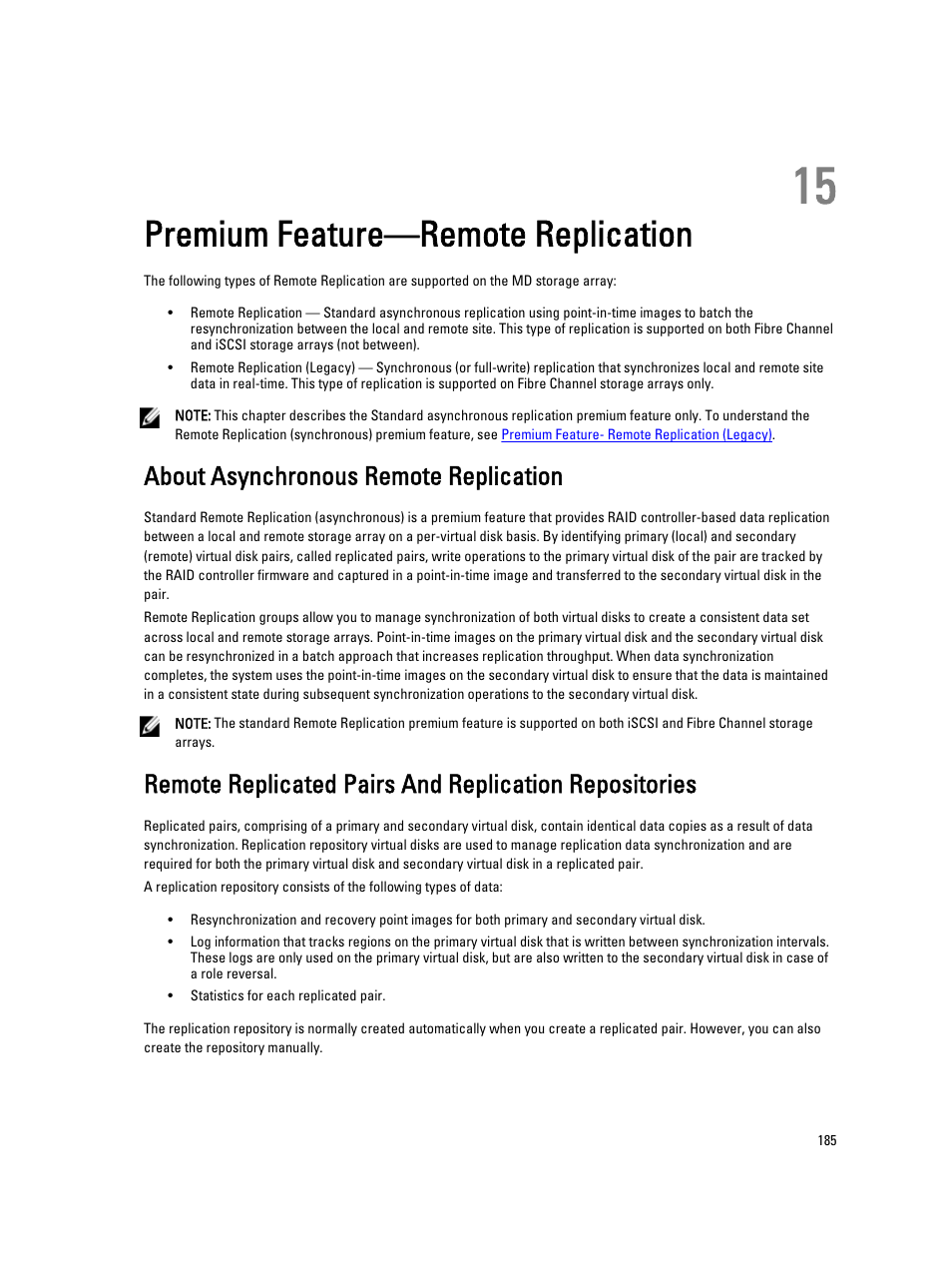 Premium feature—remote replication, About asynchronous remote replication, 15 premium feature—remote replication | Premium feature - remote, Replication | Dell POWERVAULT MD3600I User Manual | Page 185 / 237