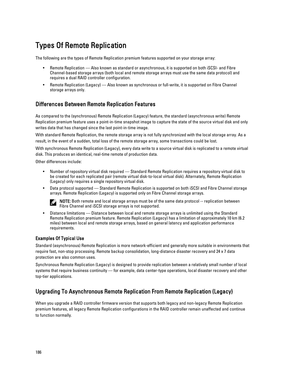 Types of remote replication, Differences between remote replication features | Dell POWERVAULT MD3600I User Manual | Page 186 / 237