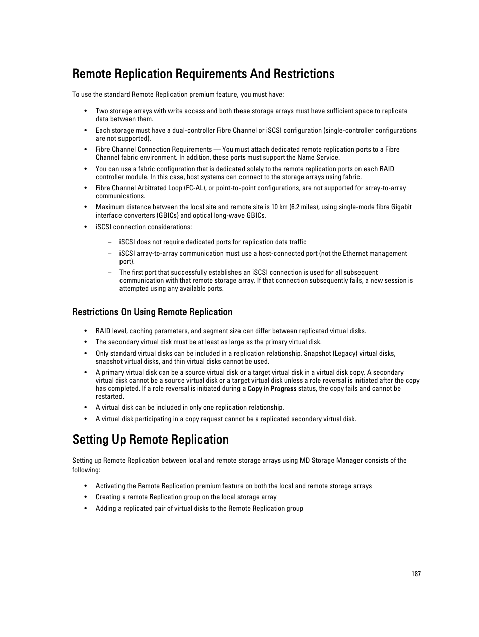 Remote replication requirements and restrictions, Restrictions on using remote replication, Setting up remote replication | Dell POWERVAULT MD3600I User Manual | Page 187 / 237