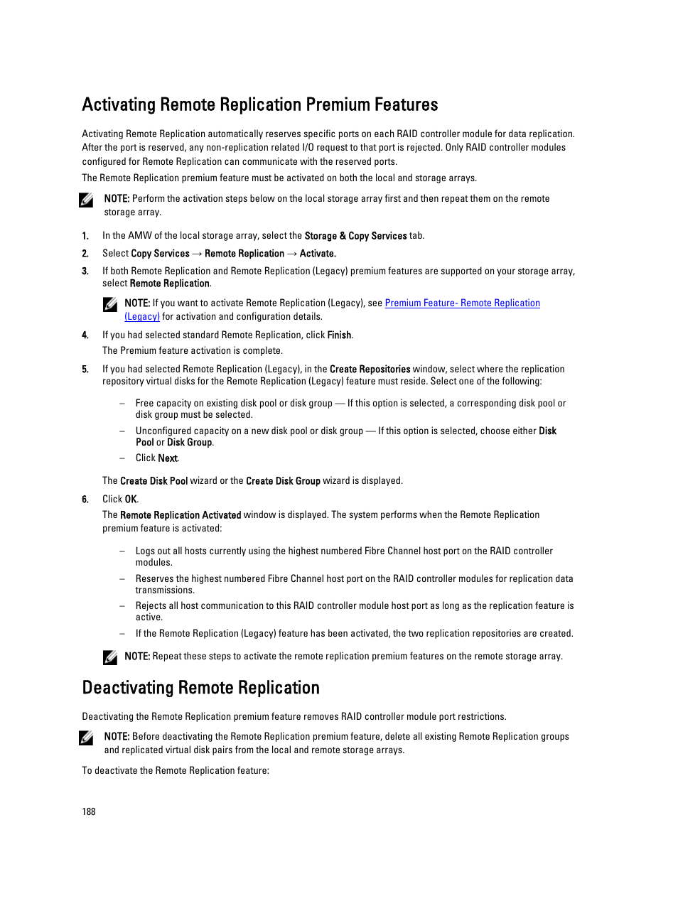 Activating remote replication premium features, Deactivating remote replication | Dell POWERVAULT MD3600I User Manual | Page 188 / 237