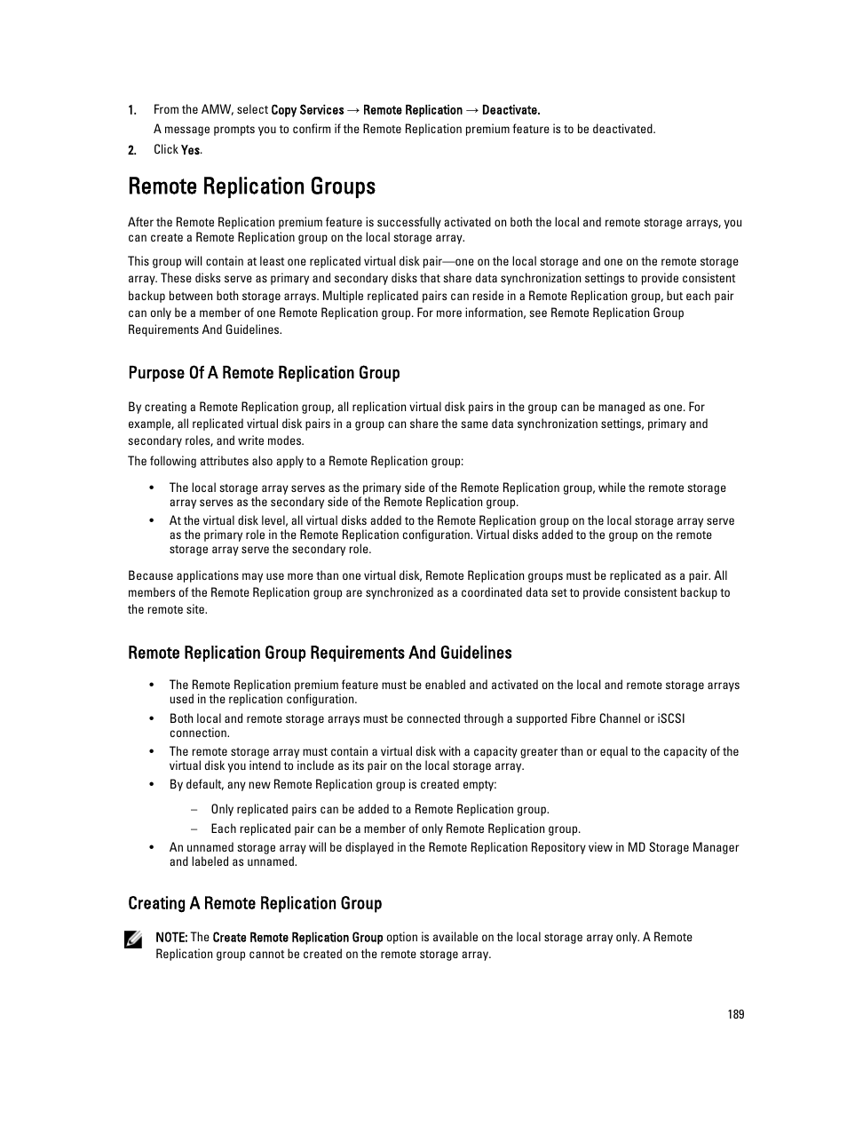 Remote replication groups, Purpose of a remote replication group, Creating a remote replication group | Dell POWERVAULT MD3600I User Manual | Page 189 / 237