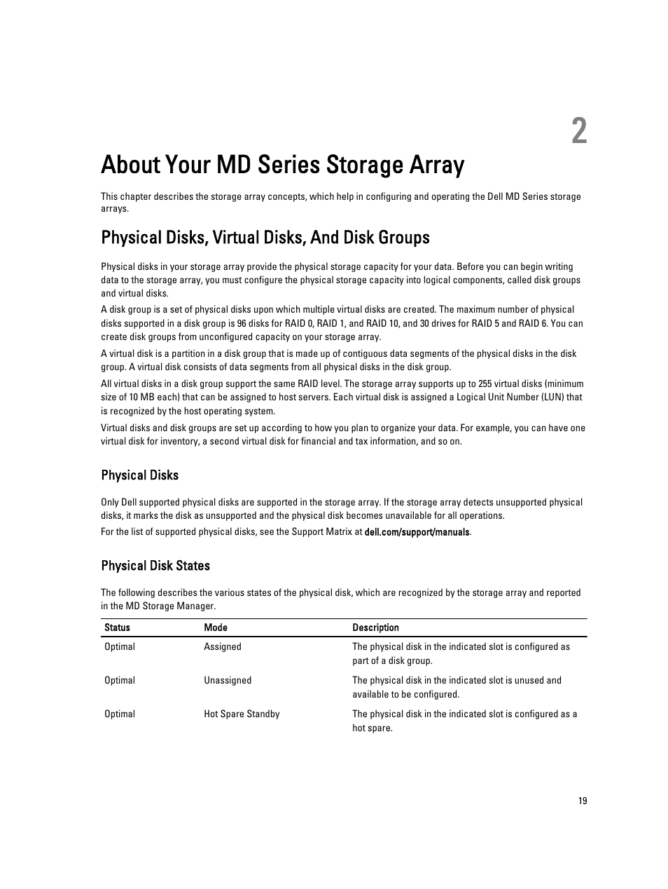 About your md series storage array, Physical disks, virtual disks, and disk groups, Physical disks | Physical disk states, 2 about your md series storage array | Dell POWERVAULT MD3600I User Manual | Page 19 / 237