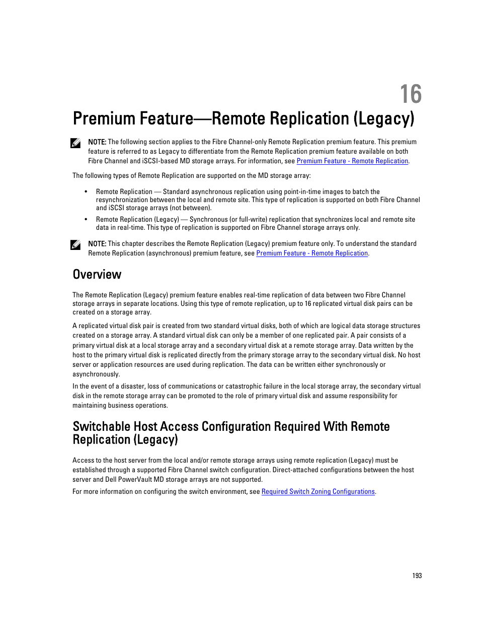 Premium feature—remote replication (legacy), Overview, 16 premium feature—remote replication (legacy) | Premium feature- remote replication (legacy) | Dell POWERVAULT MD3600I User Manual | Page 193 / 237
