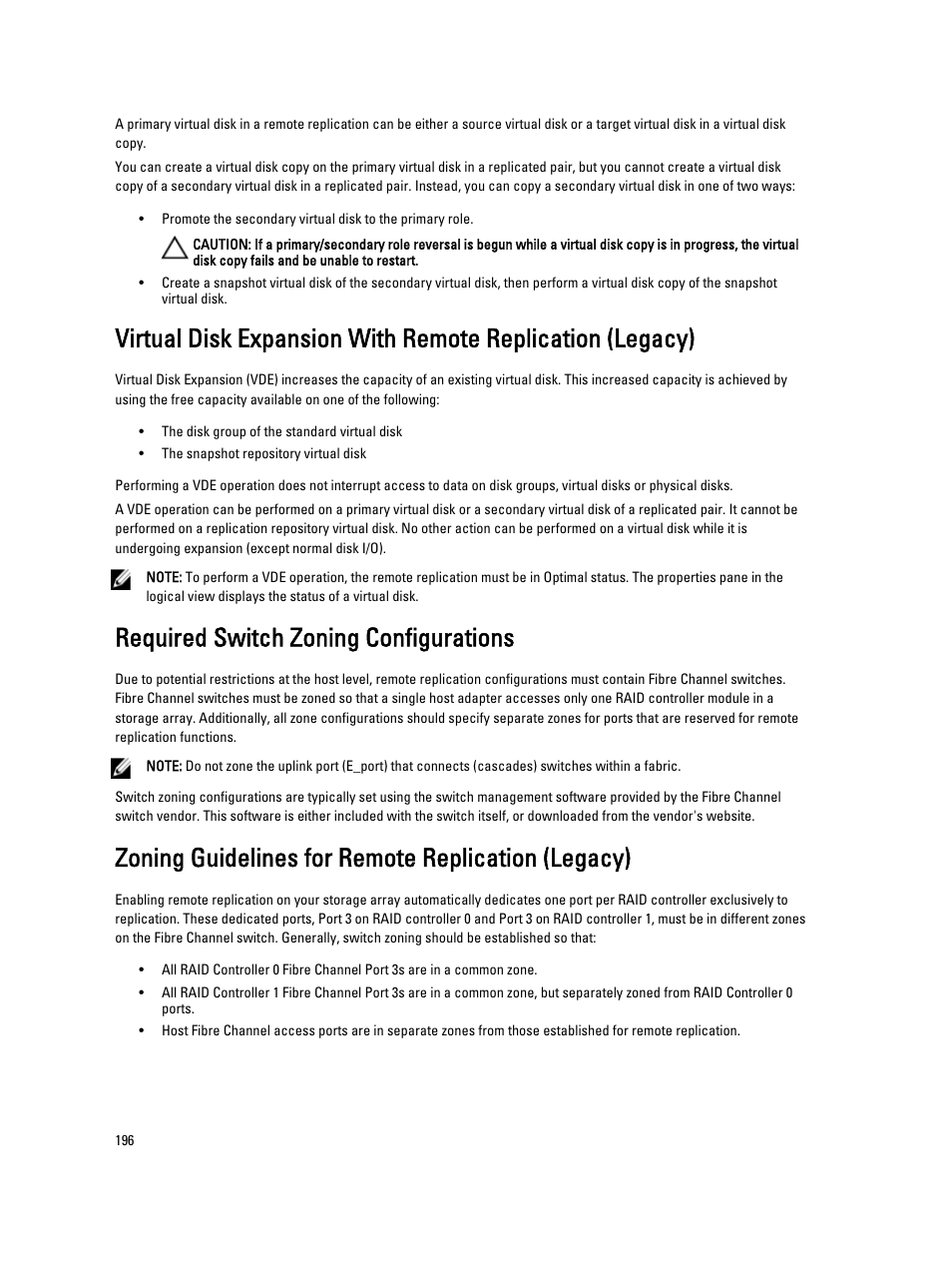 Required switch zoning configurations, Zoning guidelines for remote replication (legacy) | Dell POWERVAULT MD3600I User Manual | Page 196 / 237