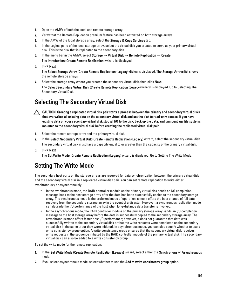 Selecting the secondary virtual disk, Setting the write mode | Dell POWERVAULT MD3600I User Manual | Page 199 / 237