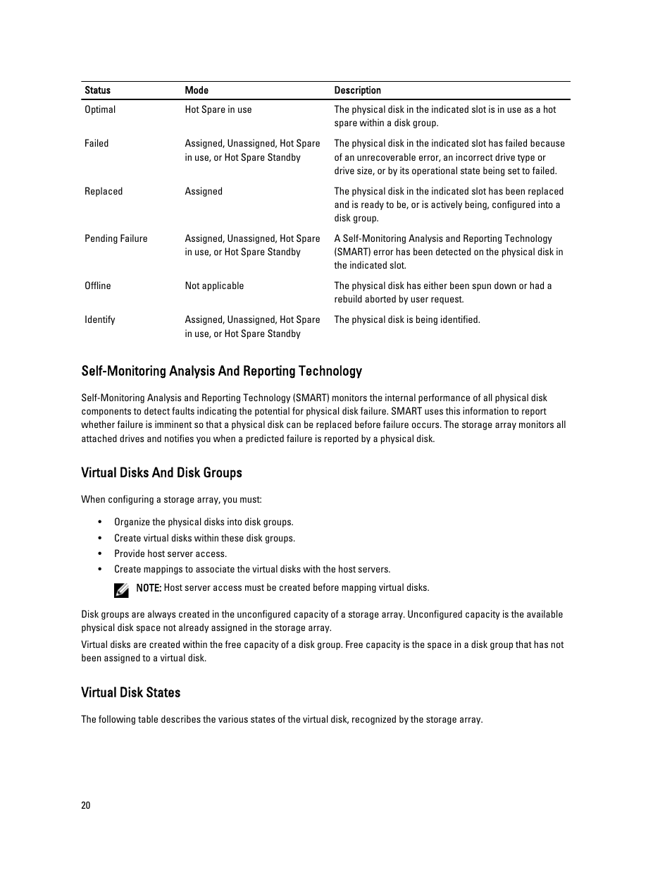 Self-monitoring analysis and reporting technology, Virtual disks and disk groups, Virtual disk states | Dell POWERVAULT MD3600I User Manual | Page 20 / 237