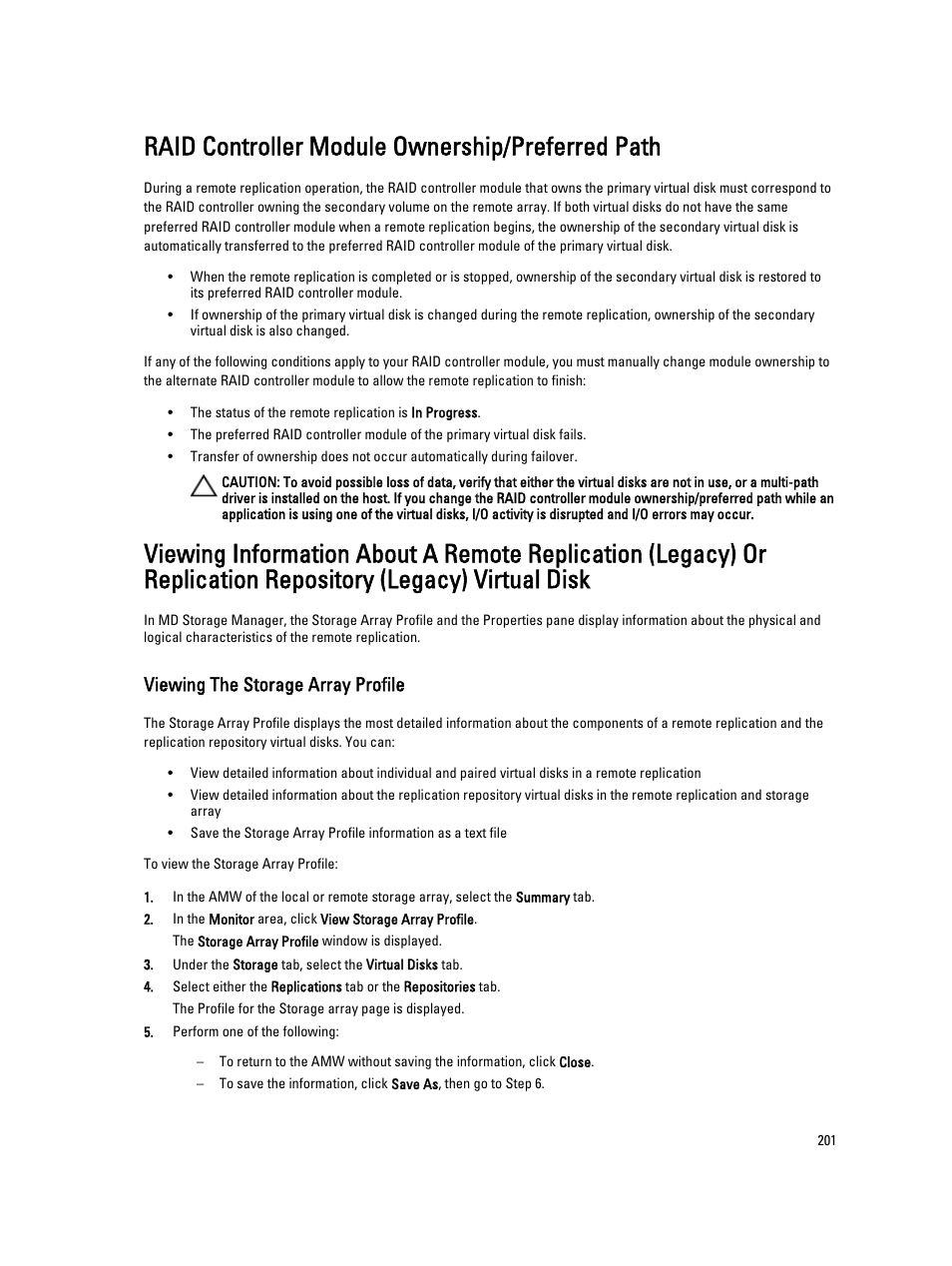 Raid controller module ownership/preferred path, Viewing the storage array profile, Viewing information about | Dell POWERVAULT MD3600I User Manual | Page 201 / 237