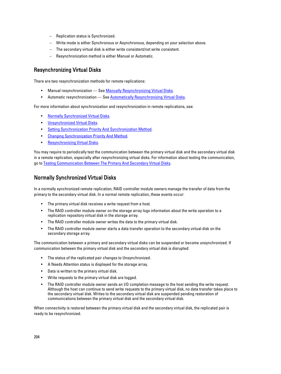 Resynchronizing virtual disks, Normally synchronized virtual disks | Dell POWERVAULT MD3600I User Manual | Page 204 / 237