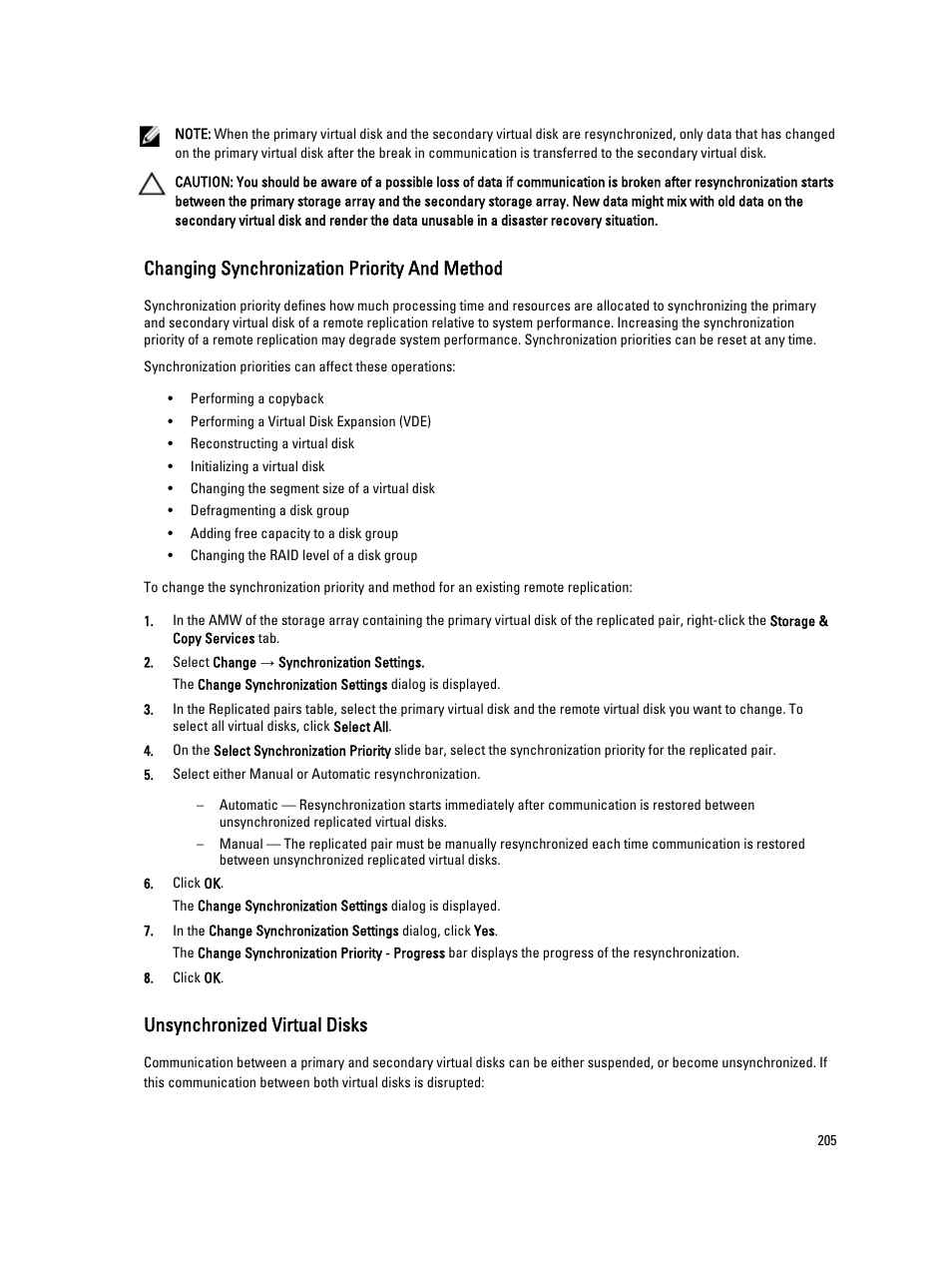 Changing synchronization priority and method, Unsynchronized virtual disks | Dell POWERVAULT MD3600I User Manual | Page 205 / 237