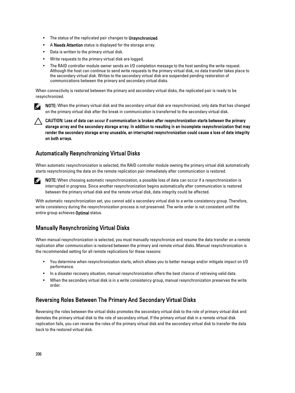 Automatically resynchronizing virtual disks, Manually resynchronizing virtual disks, Manual resynchronization — see | Dell POWERVAULT MD3600I User Manual | Page 206 / 237