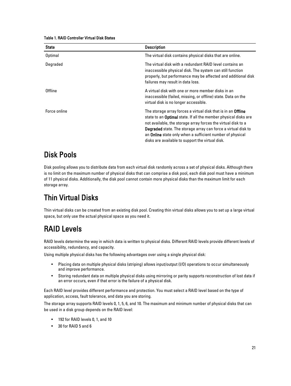 Disk pools, Thin virtual disks, Raid levels | Dell POWERVAULT MD3600I User Manual | Page 21 / 237