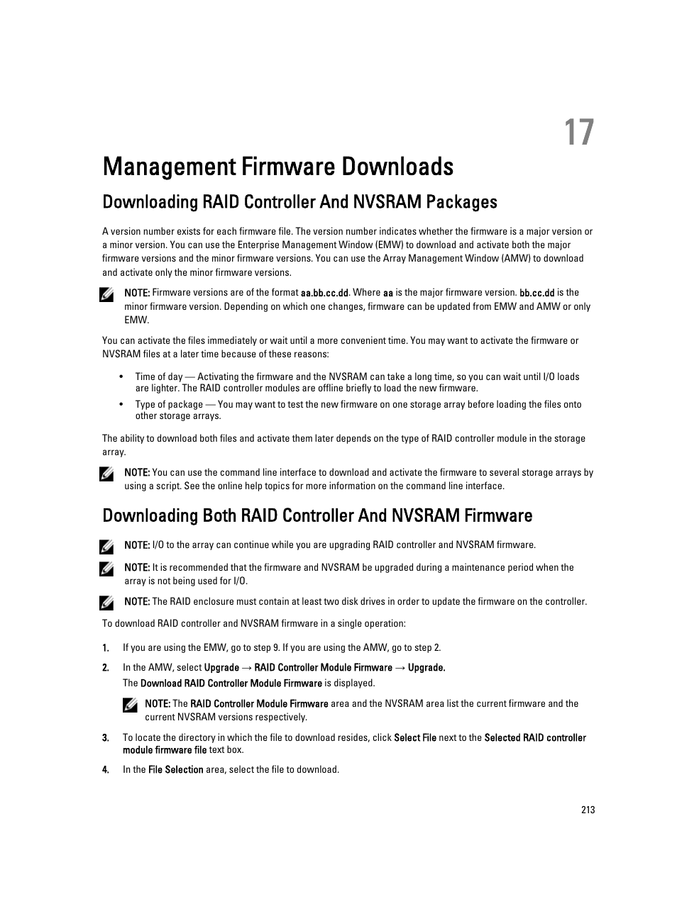Management firmware downloads, Downloading raid controller and nvsram packages, 17 management firmware downloads | Dell POWERVAULT MD3600I User Manual | Page 213 / 237