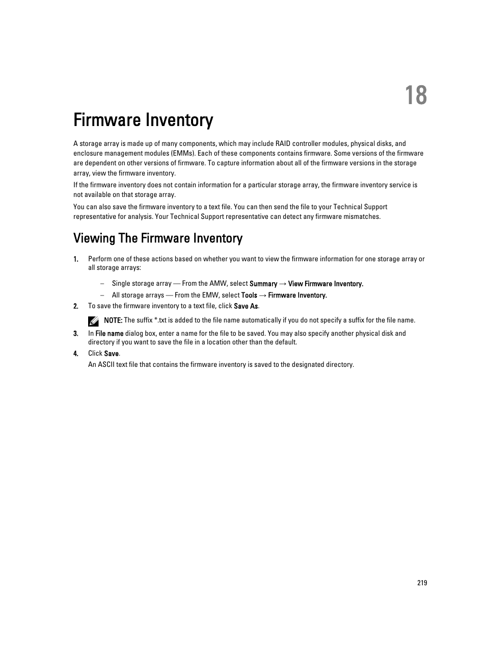 Firmware inventory, Viewing the firmware inventory, 18 firmware inventory | Dell POWERVAULT MD3600I User Manual | Page 219 / 237