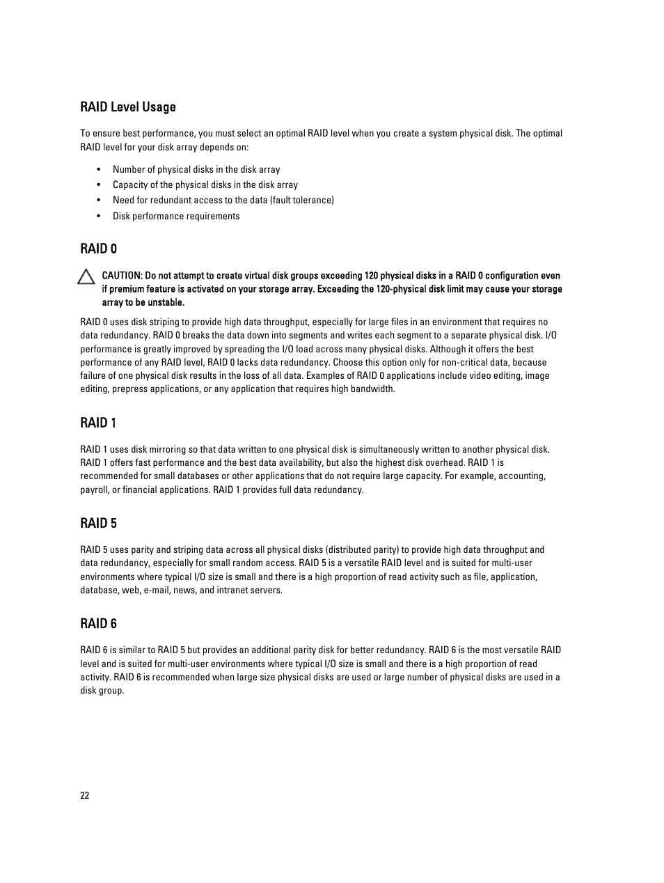 Raid level usage, Raid 0, Raid 1 | Raid 5, Raid 6 | Dell POWERVAULT MD3600I User Manual | Page 22 / 237