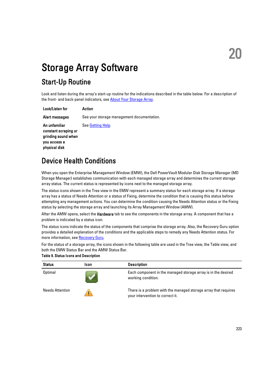 Storage array software, Start-up routine, Device health conditions | 20 storage array software | Dell POWERVAULT MD3600I User Manual | Page 223 / 237